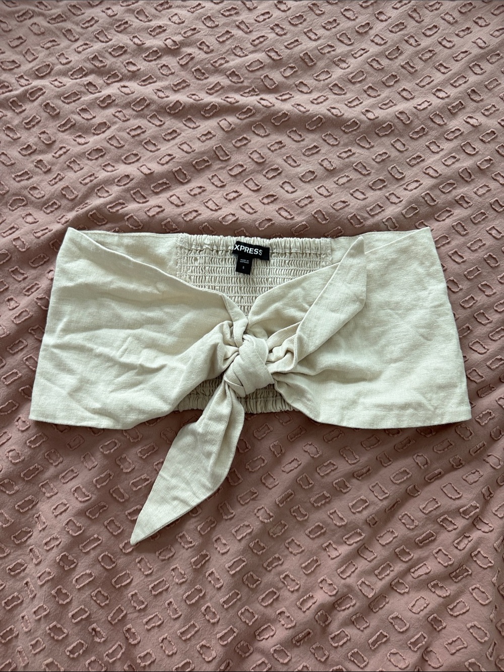 Express Light Beige Tie-Front Bandeau Crop Top